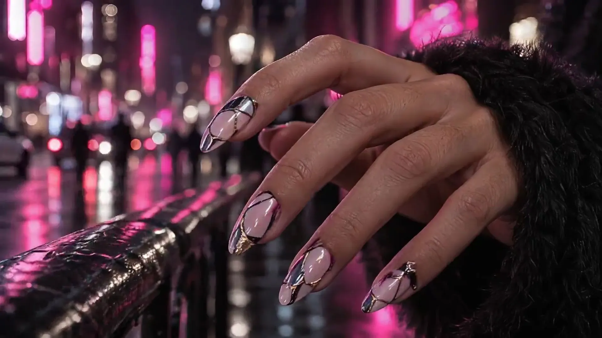 A hand on a railing in a night street, the nails catching pink neon.